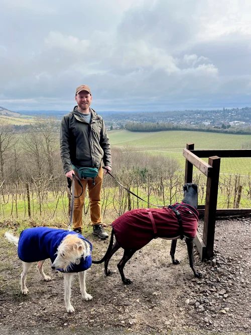 Steve on a hilltop with two dogs in coats